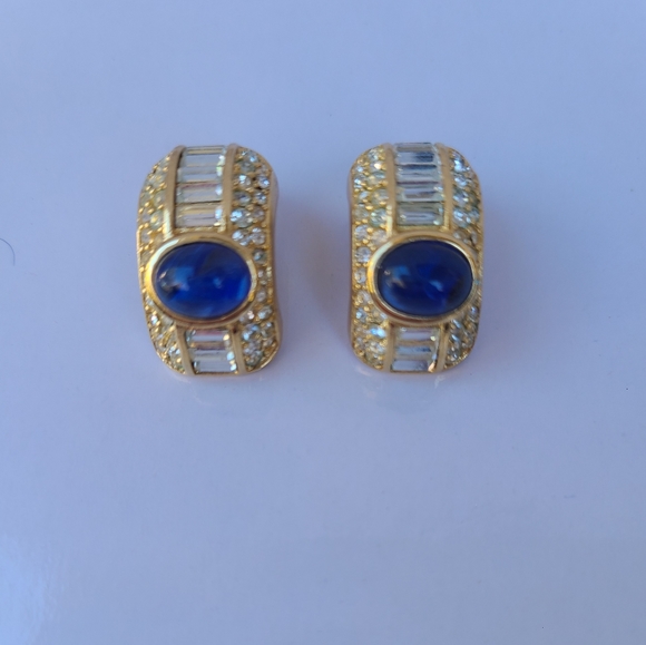 Vintage Christian Dior Goldtone Rhinestone and Blue Stone Clip On Earrings - Picture 1 of 7